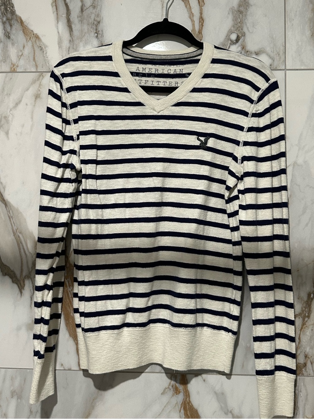 American Eagle Outfitters Navy & White Striped V-Neck Sweater